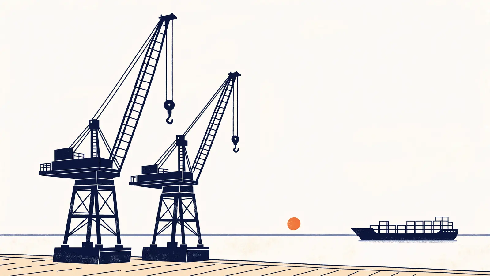 Illustration: a harbour at dawn with idle cranes and one ship at anchor