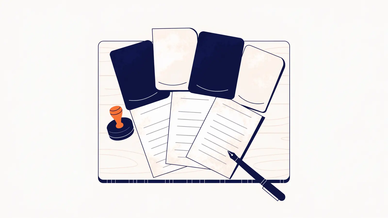 Illustration: shipping documents, a stamp and a pen on a desk